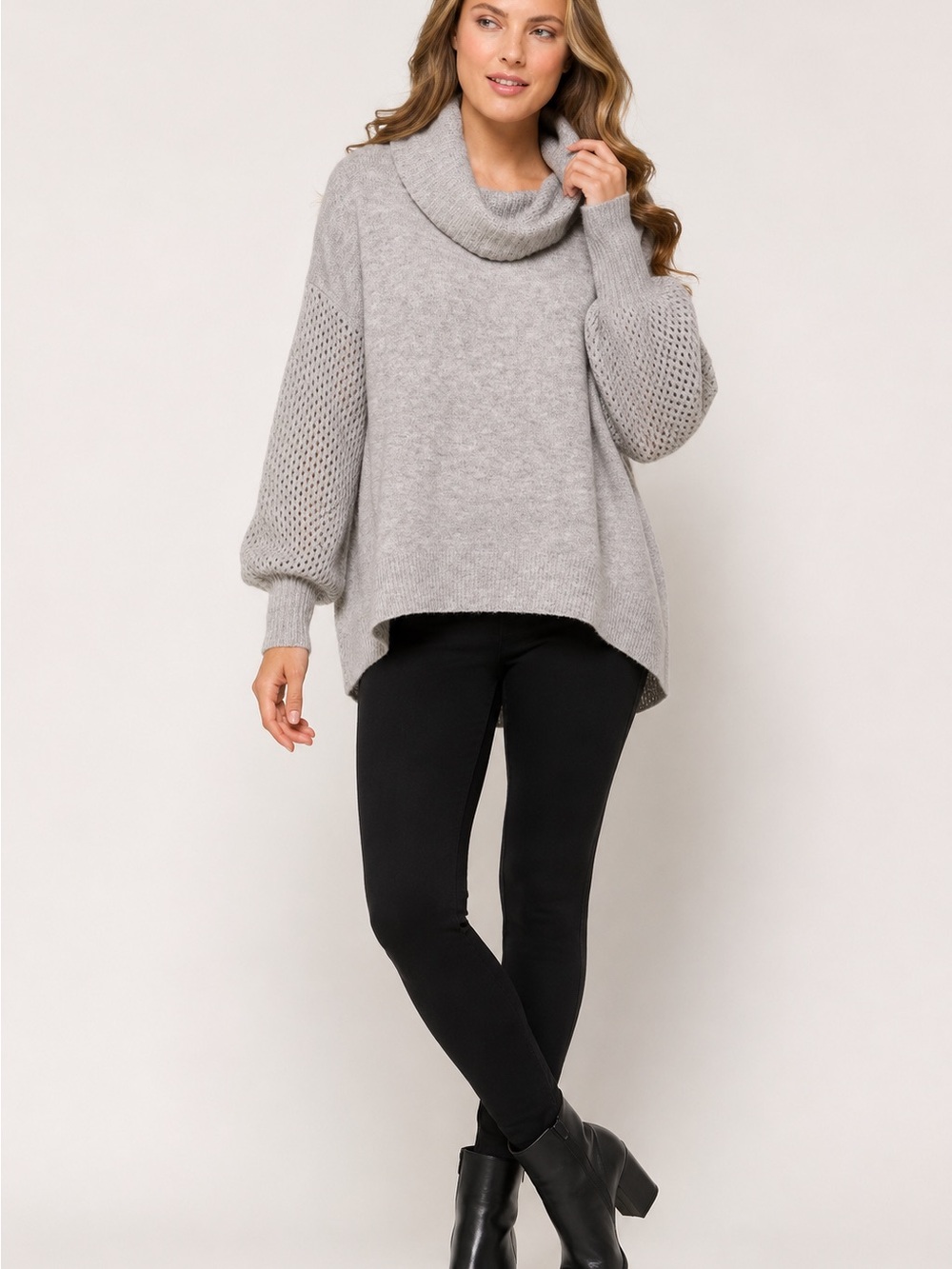 Vince Camuto Gray Oversized Cowl Neck Open Knit Balloon Sleeve Sweater L